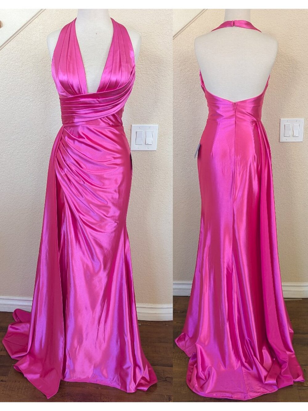 Fuchsia Pink Halter Satin Formal Prom Dress 2